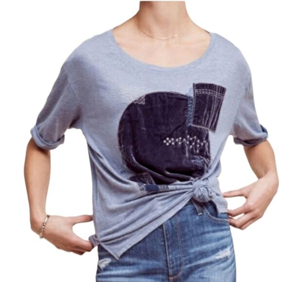Anthropologie Akemi + Kin Linen Velvet Patchwork Tee XS - Picture 2 of 8